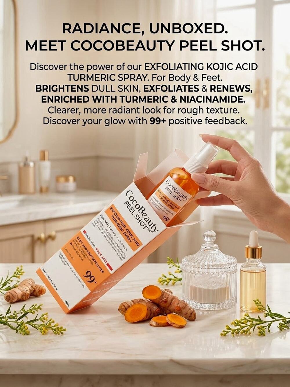 CocoBeauty Peel Shot Exfoliating Kojic Acid Turmeric Spray Body/Feet 6.76oz